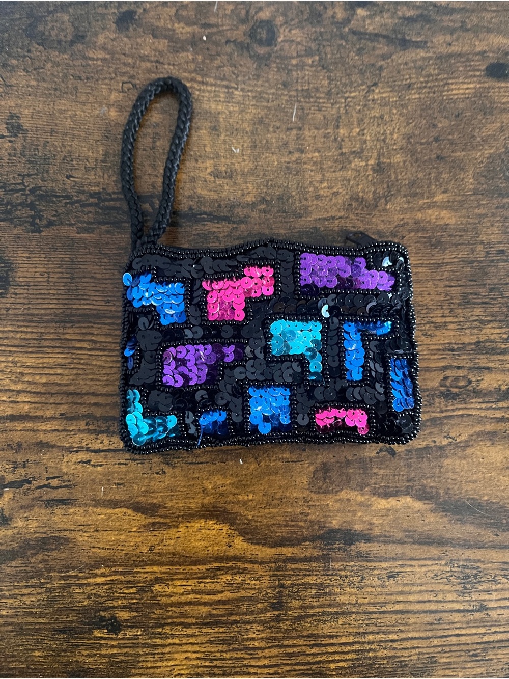Sequin Wristlet Clutch in Black with Multicolor Accents